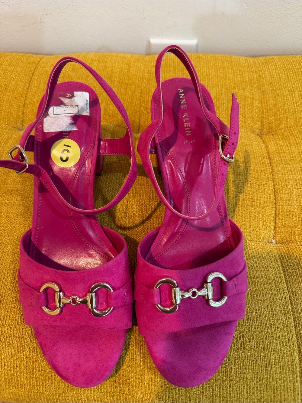 Anne Klein Bright Fuchsia Suede Slingback Heels with Gold Buckle